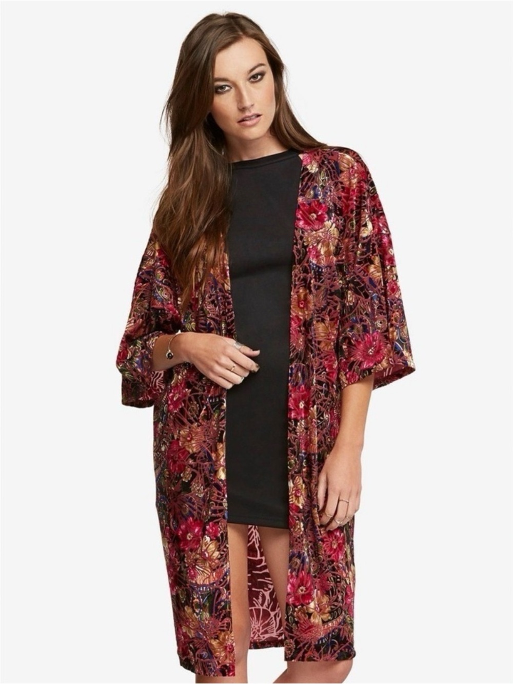 Sans Souci Pink Floral Velvet Feel Kimono Cardigan Size Small Boho Whimsigoth - Picture 2 of 9